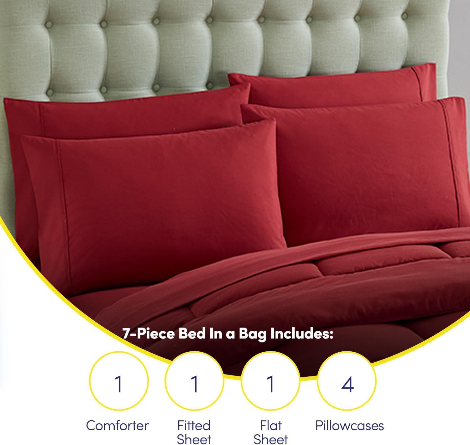 Bed-in-A-Bag Solid Color Comforter & Sheet Set Soft All Season Bedding, King, Red