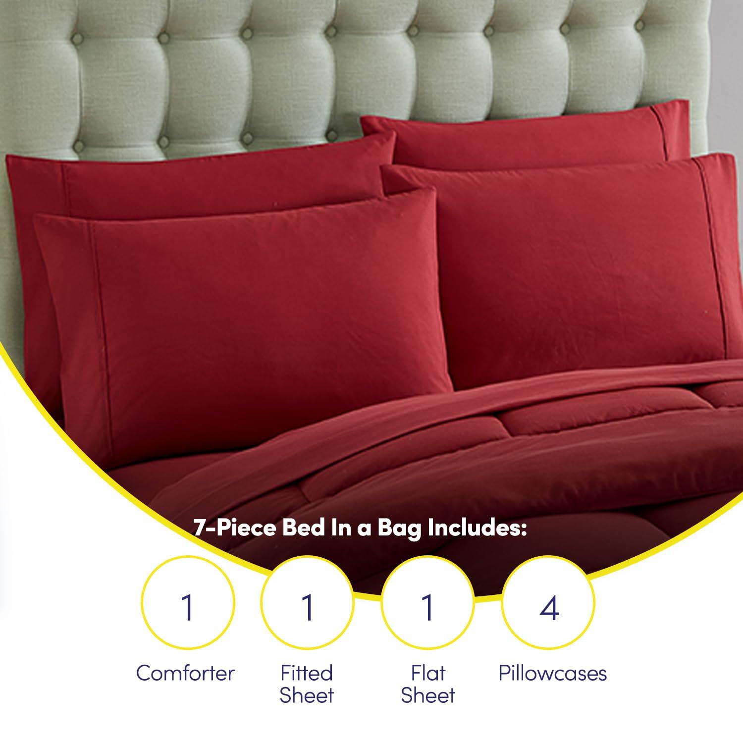 Bed-in-A-Bag Solid Color Comforter & Sheet Set Soft All Season Bedding, King, Red
