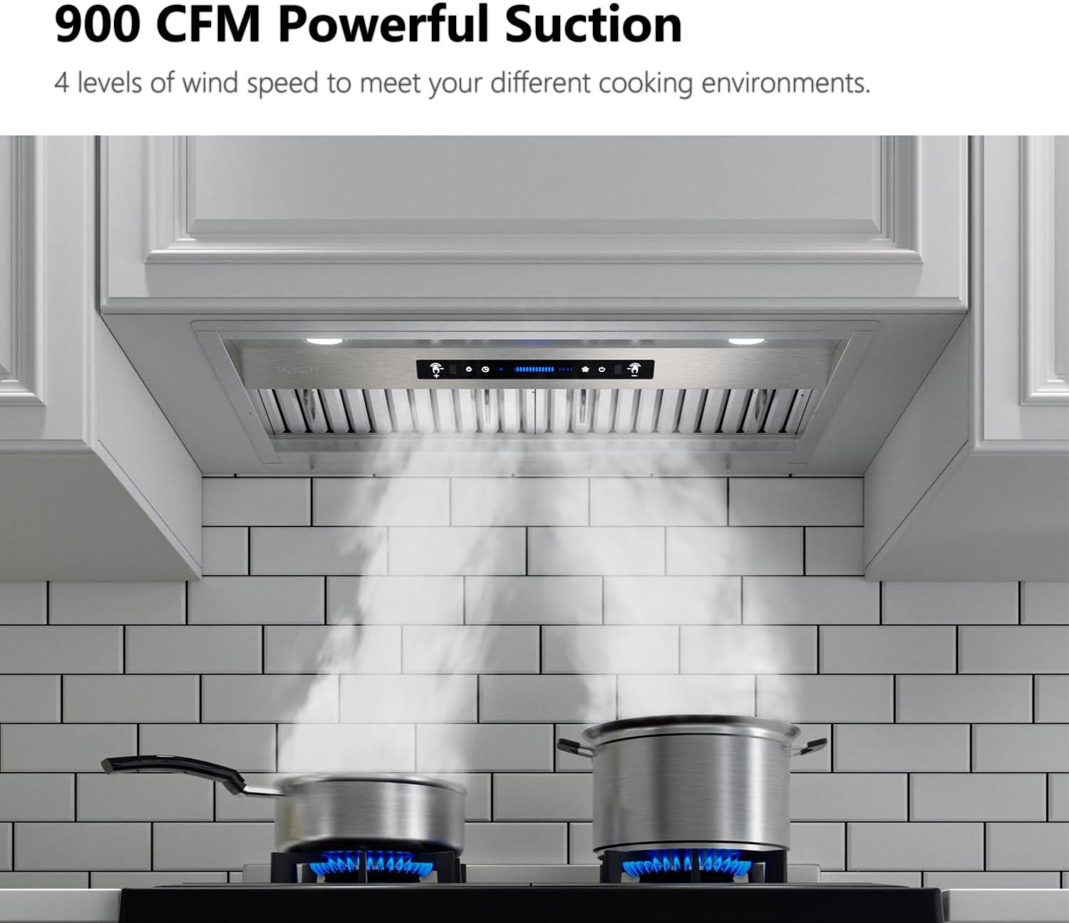 IKTCH 36 inch Built-in/Insert Range Hoods 900 CFM, Ducted/Ductless Convertible Duct, Stainless Steel Kitchen Vent Hood with 2 Pcs Adjustable Lights and 2 Pcs Baffle Filters with Handlebar