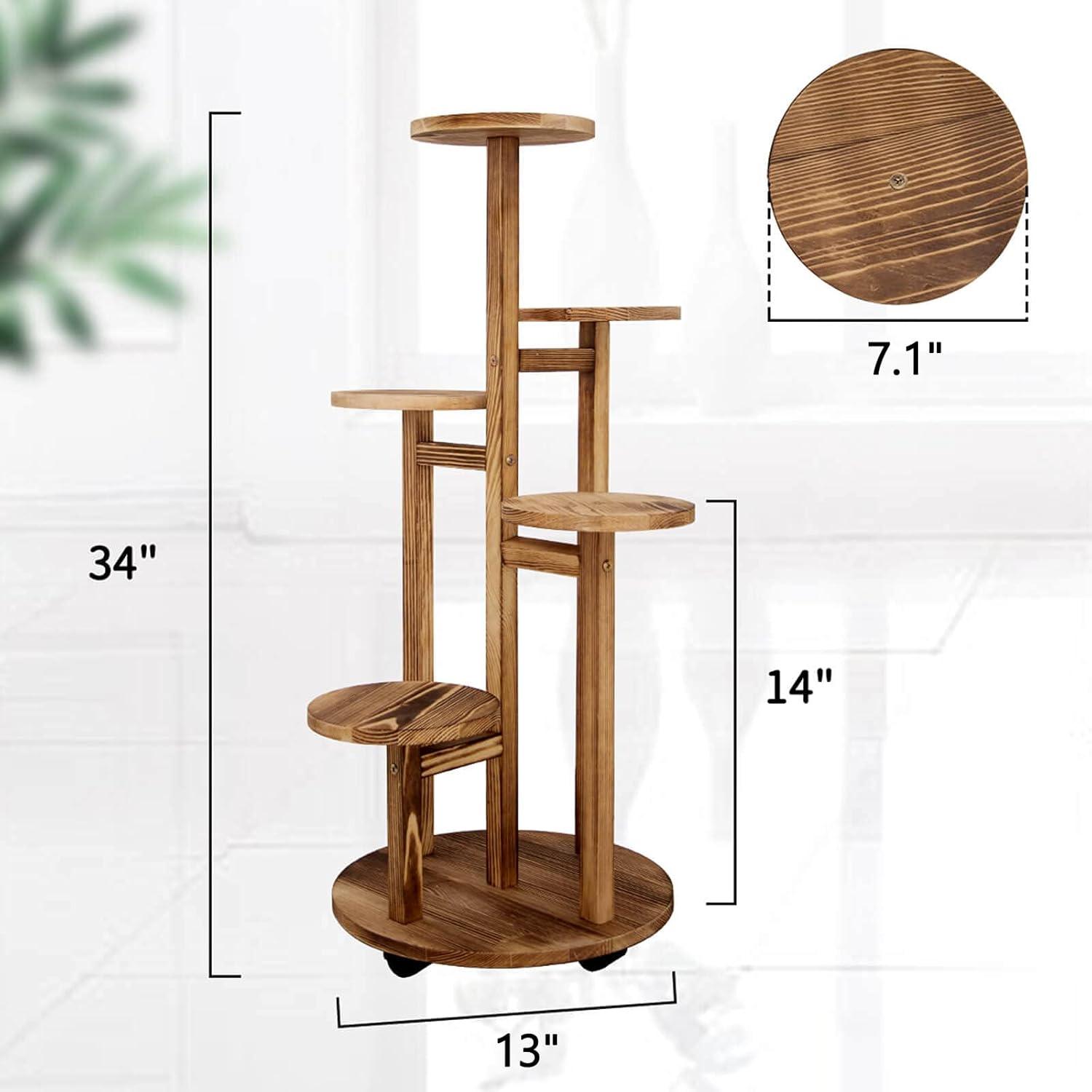 Walnut 5-Tier Pine Wood Indoor Plant Stand with Wheels