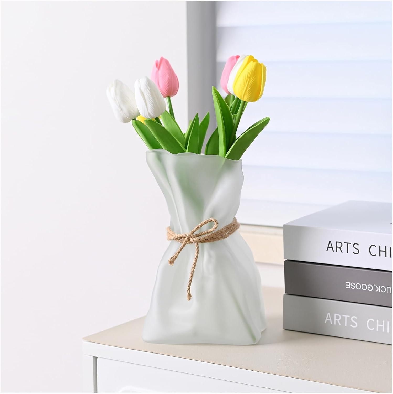 Frosted White Glass Bouquet Vase with Jute Rope