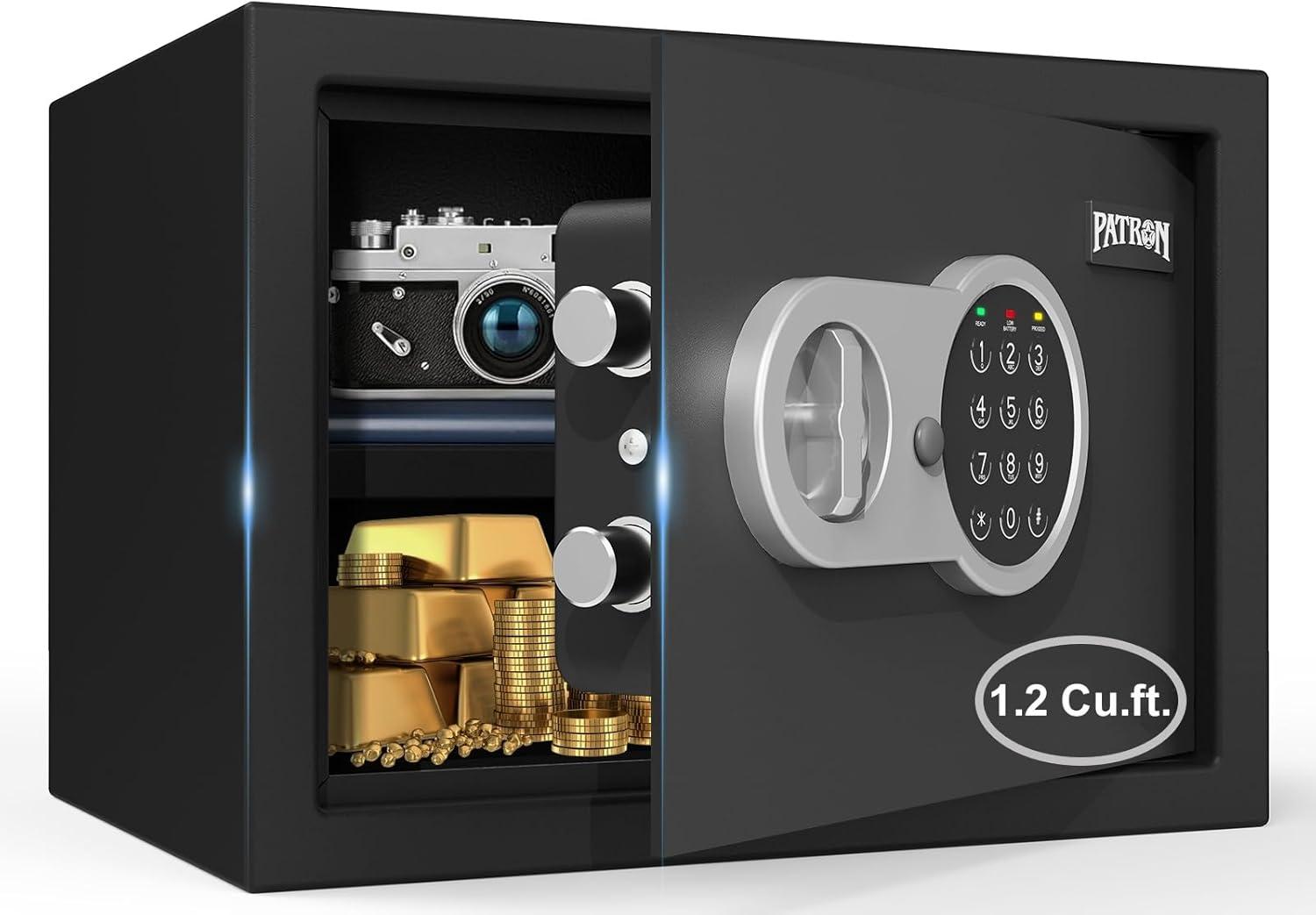[ 1.2 Cu.ft. ]PATRON Safe Box with Key,Digital Security Home Safe,Cabinet Safes for Money Cash Documents,Wall Safes with Electronic Keypad,Removable Shelf for Office Hotel House Business,1.2 Cu.ft.