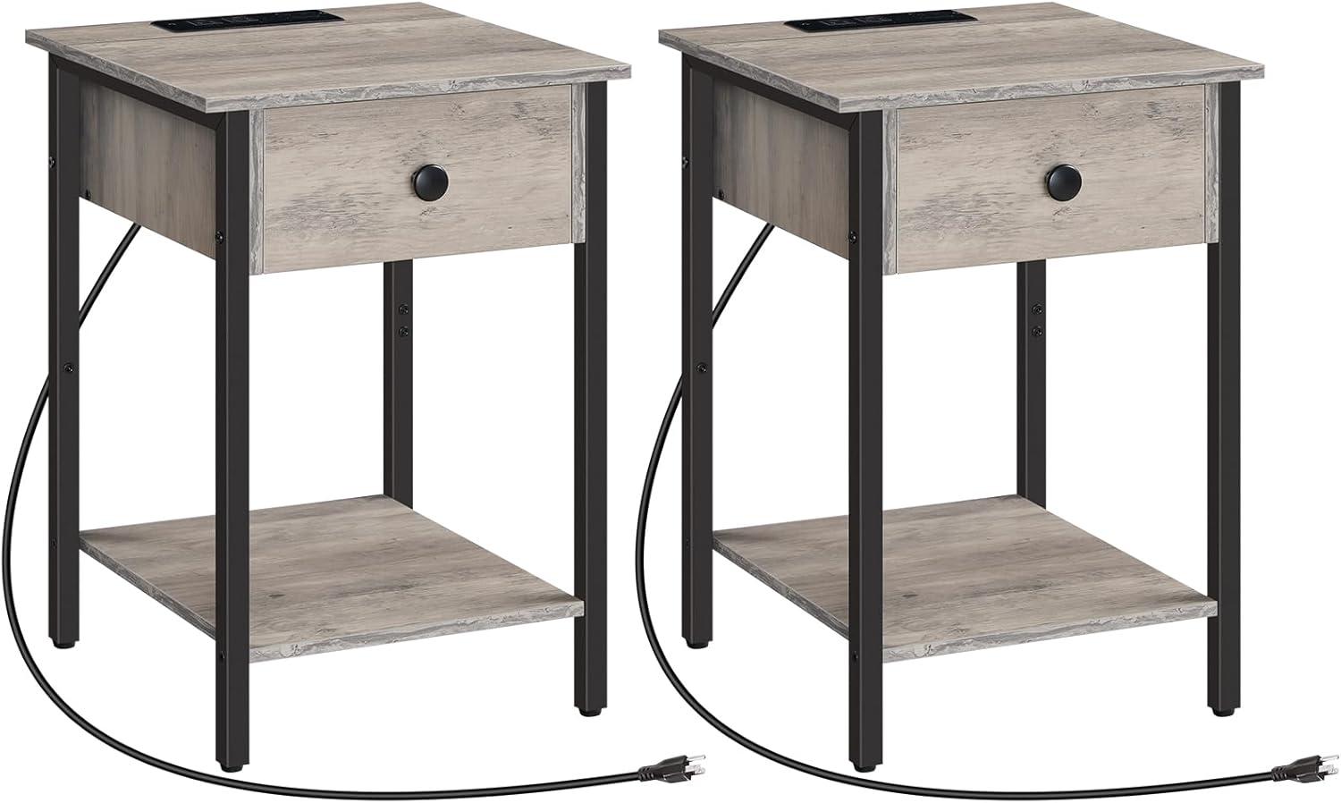 Greige and Black Nightstands with Charging Station and Drawer