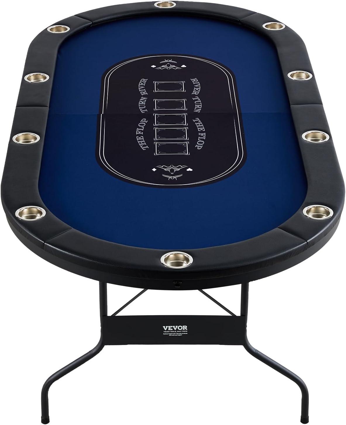 VEVOR 10 Player Poker Table Foldable, Portable Folding Card Board Game Table, Blackjack Texas Holdem Table with Padded Rails and Stainless Steel Cup Holders,Blue (84 in), Casino Leisure Table