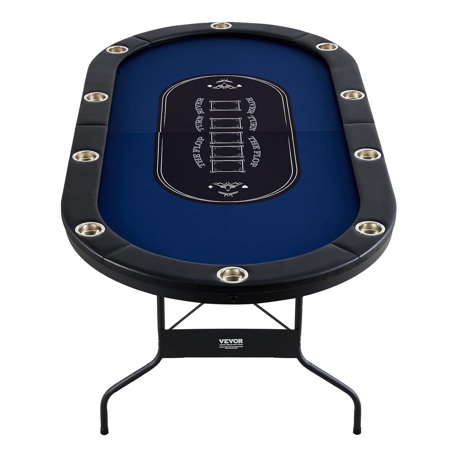 VEVOR 10 Player Poker Table Foldable, Portable Folding Card Board Game Table, Blackjack Texas Holdem Table with Padded Rails and Stainless Steel Cup Holders,Blue (84 in), Casino Leisure Table