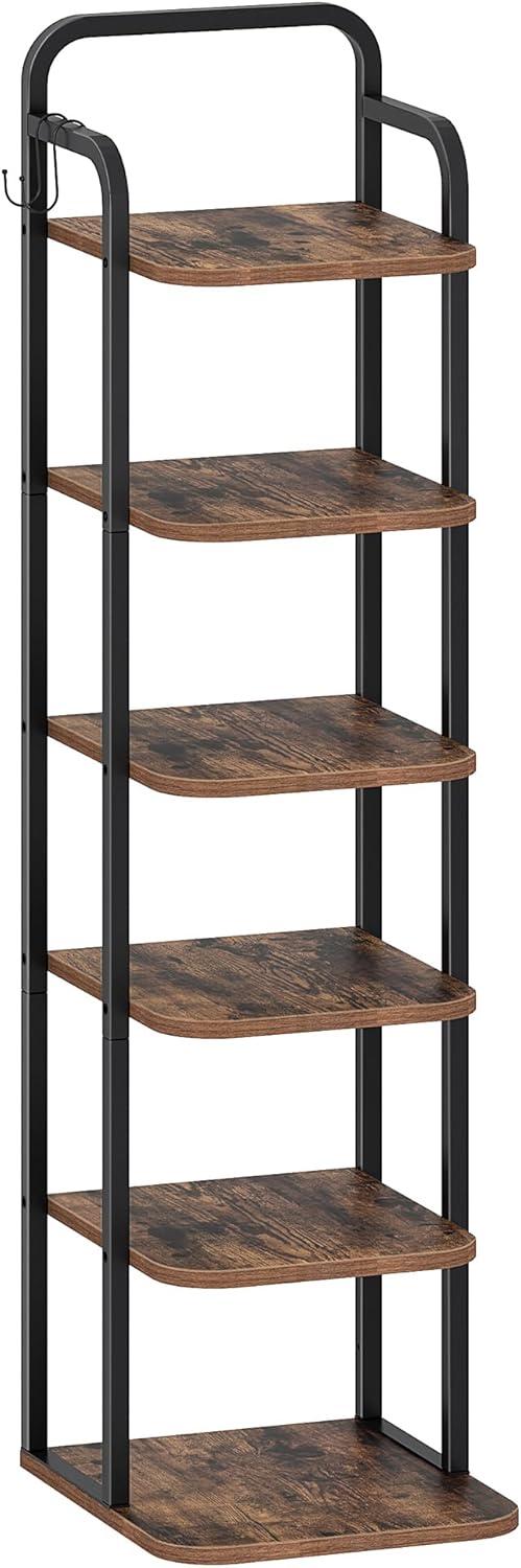 Vertical Shoe Rack, Shoe Shelves, Wood Shoe Organizer For Closet, Entryway, Shoe Tower For Small Spaces, Free Standing, Adjustable, With 2 Hooks, 6 Tier Rustic Brown