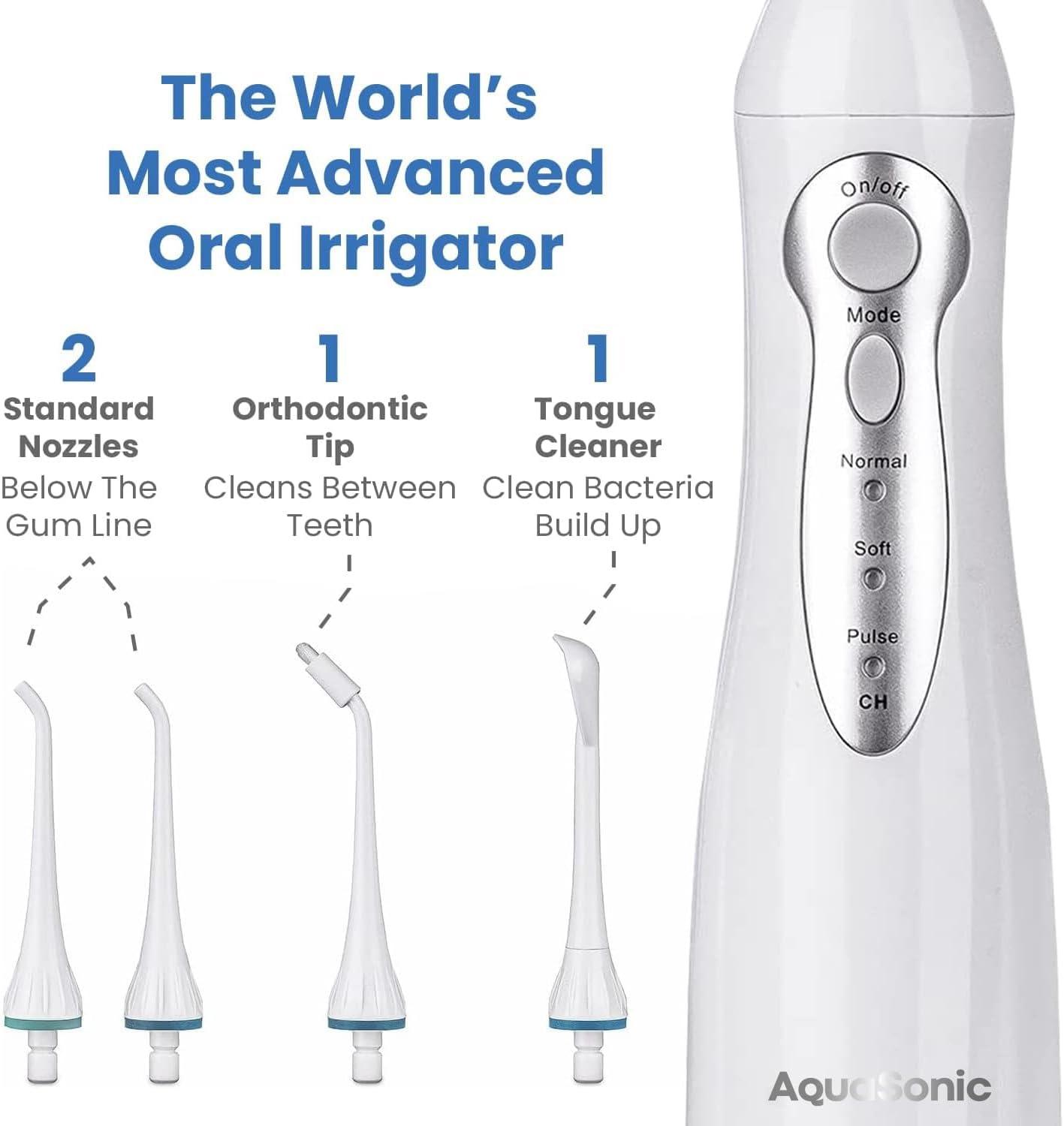 Aquasonic Home Dental Center - Electric Sonic Toothbrush & Smart Water Flosser Combo, 3 Cleaning Modes, Inductive Charging, Auto Timer, Complete Oral Care Kit for Family (White)