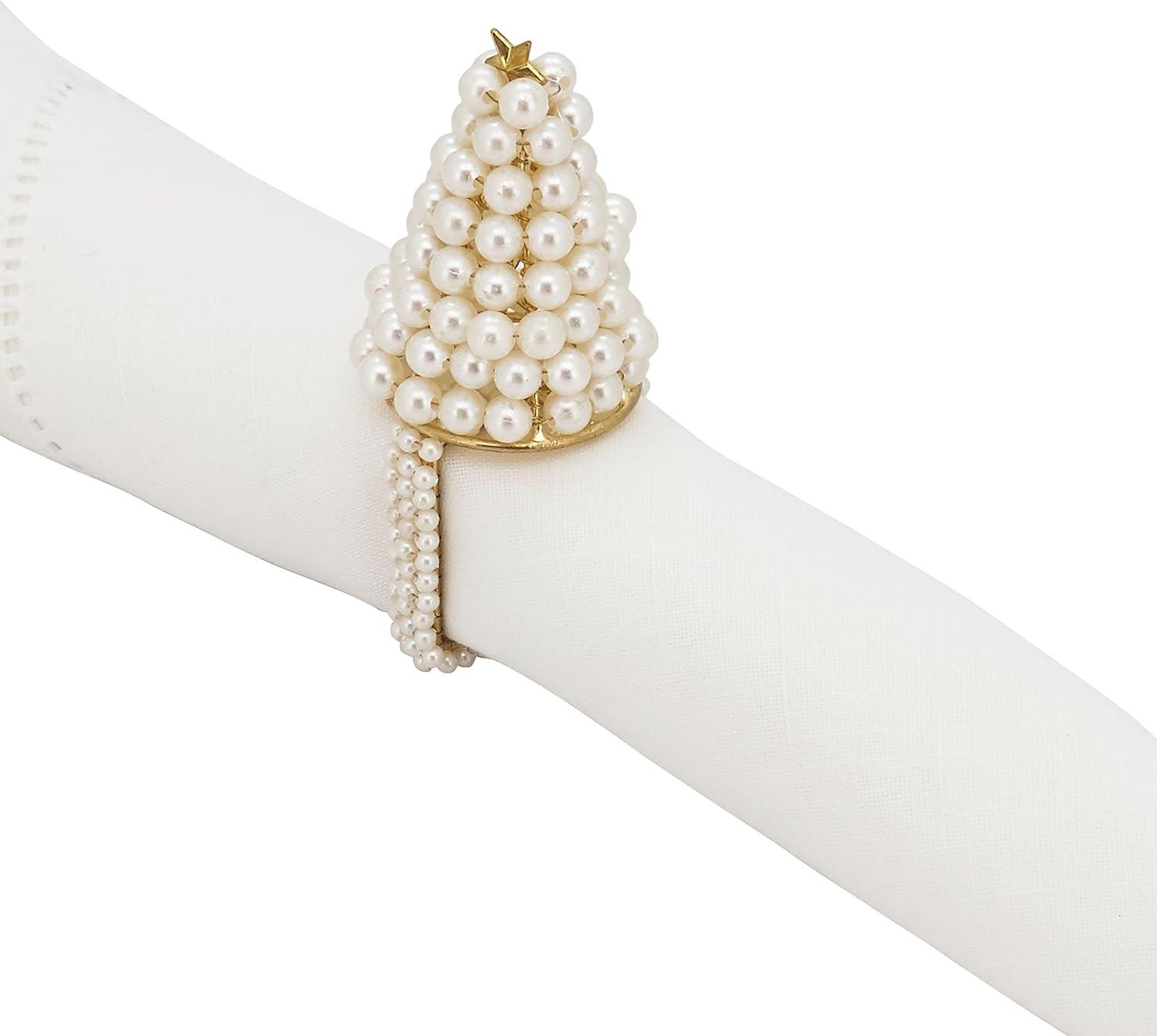 Saro Lifestyle Napkin Rings With Pearl Christmas Tree Design (Set of 4)