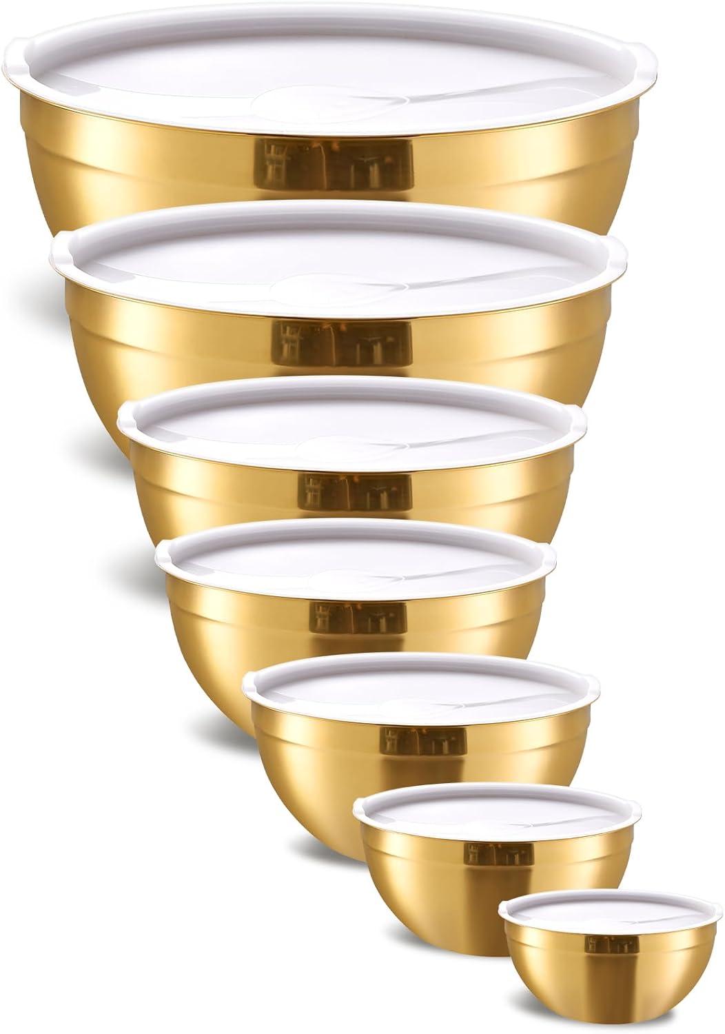 Gold Stainless Steel Mixing Bowls with White Lids, Set of 7