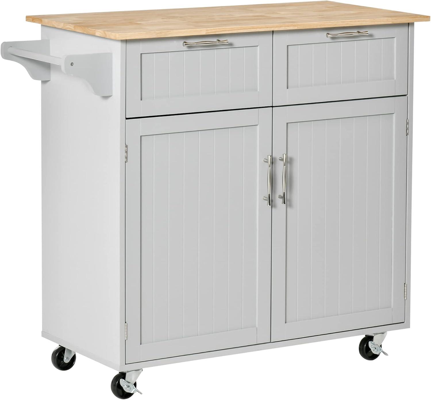 HOMCOM 41" Modern Rolling Kitchen Island on Wheels, Utility Cart Storage Trolley with Rubberwood Top & Drawers, Grey
