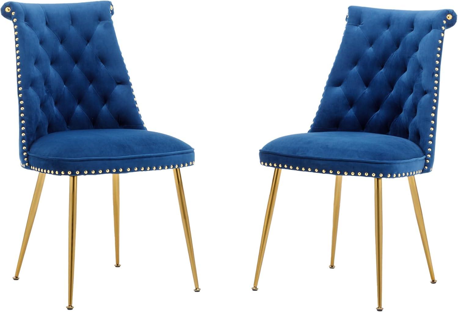 Velvet Upholstered Dining Chairs, Set of 2, Dining Room Tufted Chair, Modern Button Tufted Armless Chairs with Nailhead Trim and Back Ring Pull, Gold Legs, for Dining Room, Kitchen, Navy