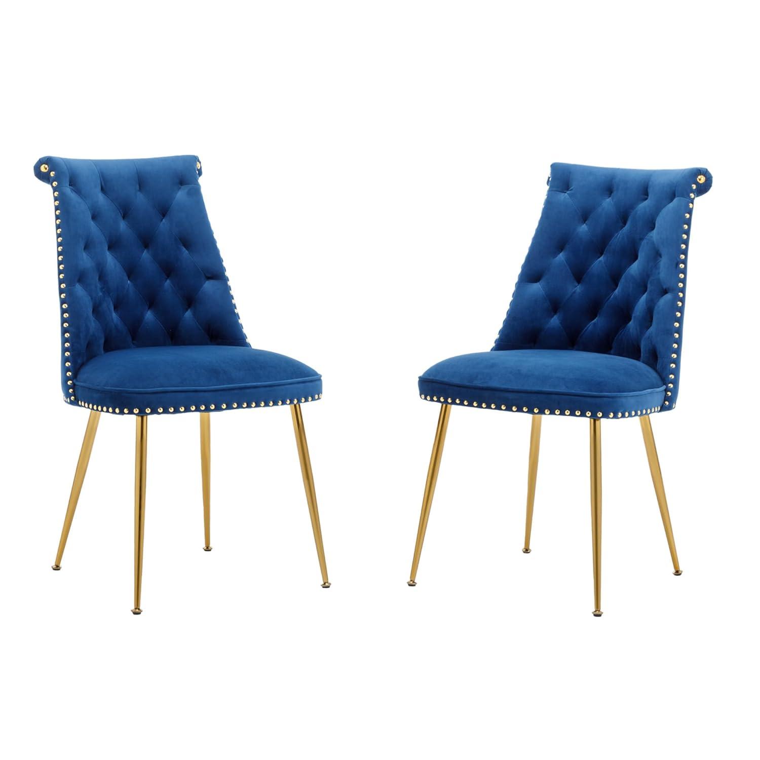 Velvet Upholstered Dining Chairs, Set of 2, Dining Room Tufted Chair, Modern Button Tufted Armless Chairs with Nailhead Trim and Back Ring Pull, Gold Legs, for Dining Room, Kitchen, Navy