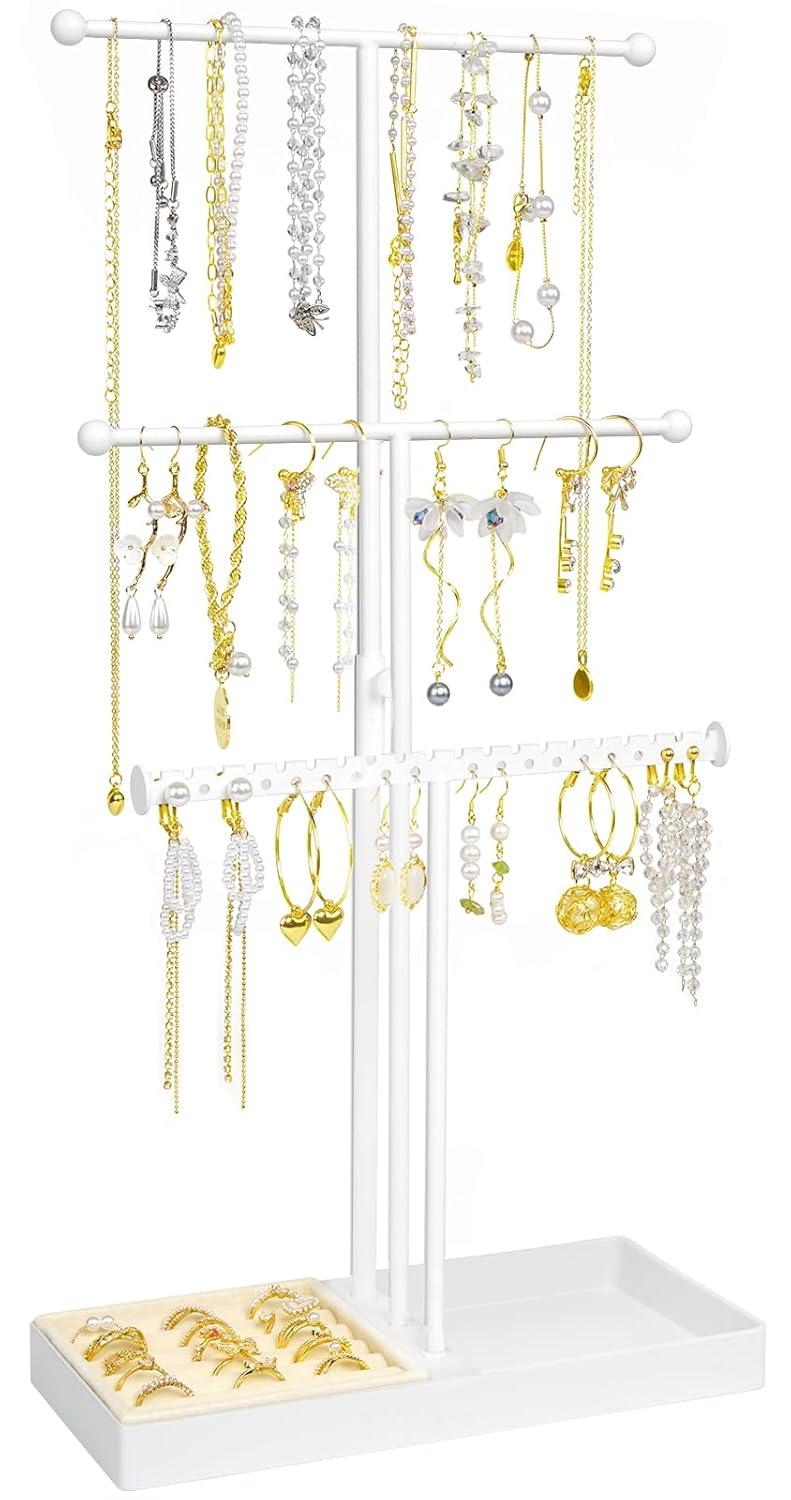 Jenseits Jewelry Organizer Stand Necklace Holder Organizer, 3-Tier Earrings Organizer w/Bracelet Storage Display & Velvet Ring Tray, Cute Metal Aesthetic Jewelry Tower Rack for Women Girls - Gold C47