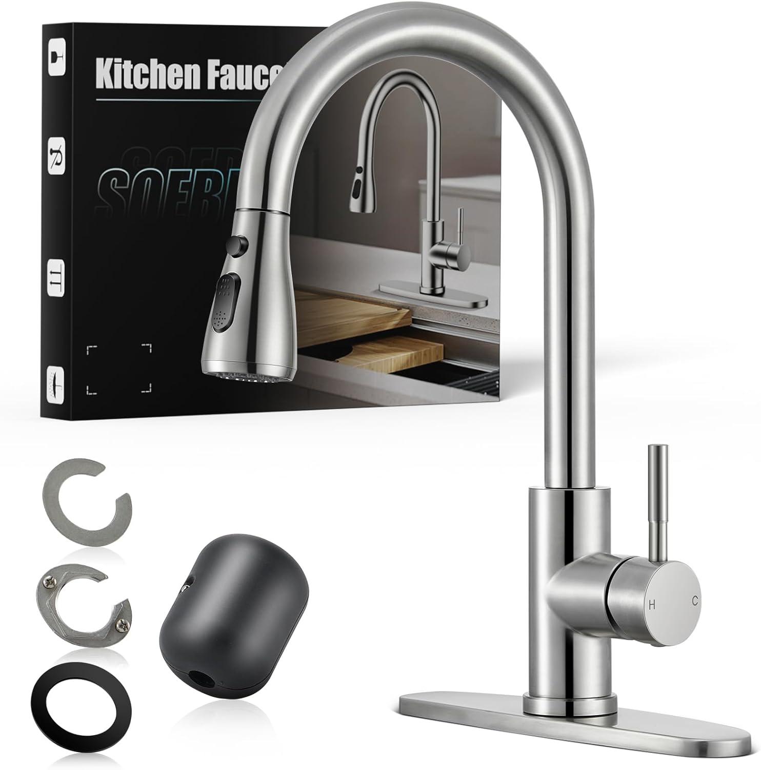 MODERN WALLS LLC B07Y4Y88Y6 Kitchen Faucets, Brushed Nickel Kitchen Faucet With Pull Down Sprayer, High Arc Single Handle Stainless Steel Sink Faucets 1 Or 3 Hole, Kitchen Sink Faucets For Farmhouse Camper Laundry Rv Bar