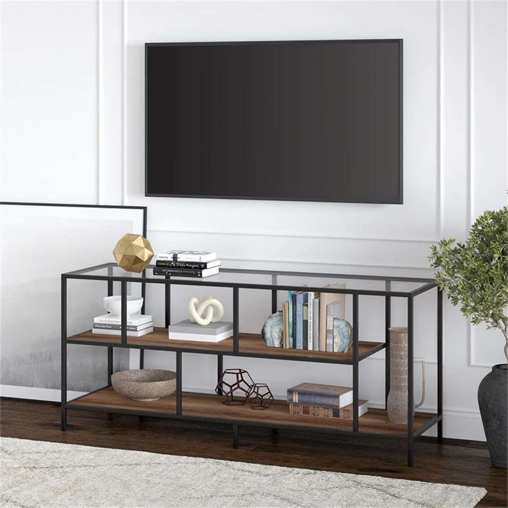 Evelyn&Zoe Winthrop Rectangular TV Stand with MDF Shelves for TV's up to 60", Blackened Bronze/Rustic Oak