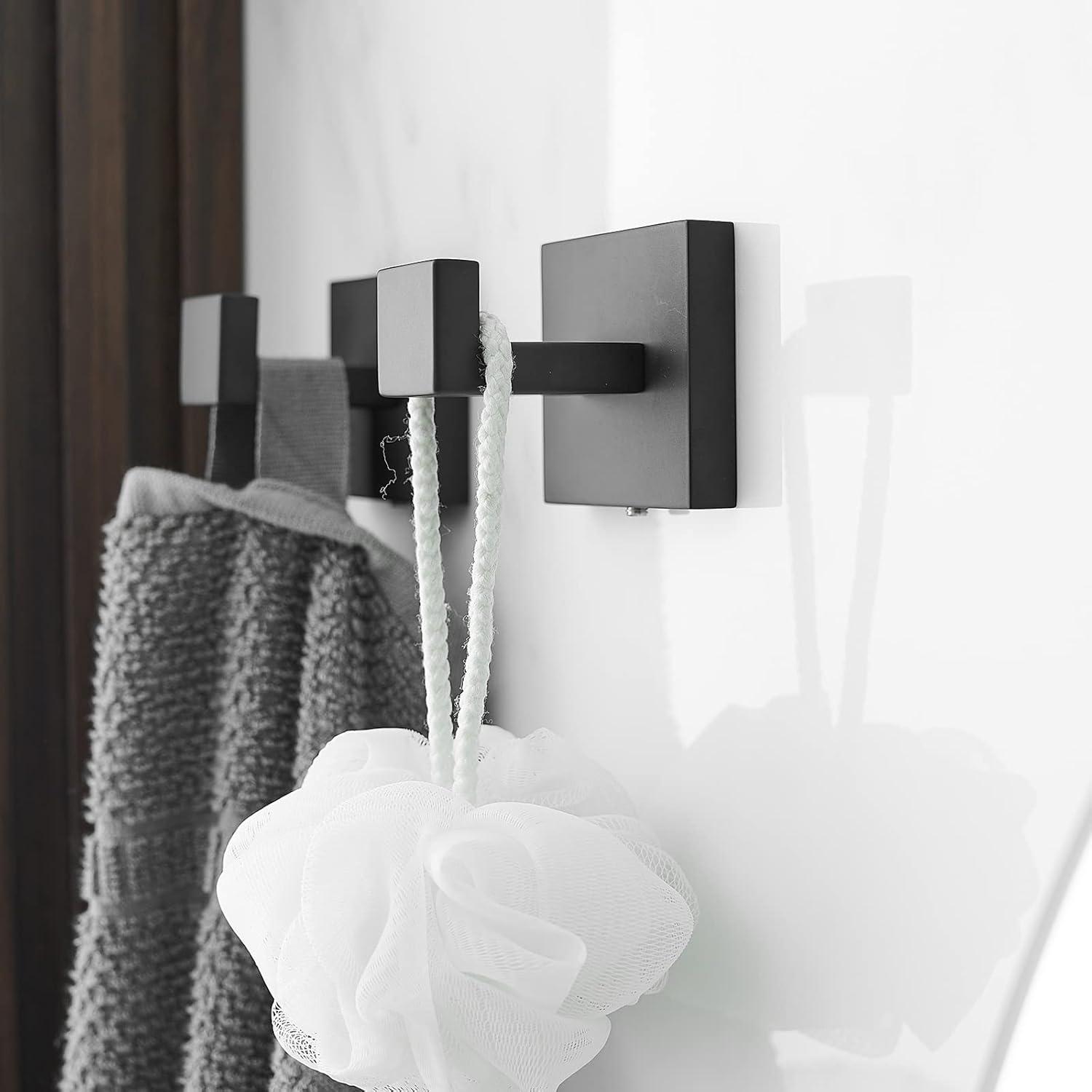 BWE 5 Pieces Matte Black Bathroom Hardware Set SUS304 Stainless Steel Include 21.9" Towel Bar,Hand Towel Holder,Toilet Paper Holder and 2 Robe Hook Square Bathroom Accessories Set Wall Mounted