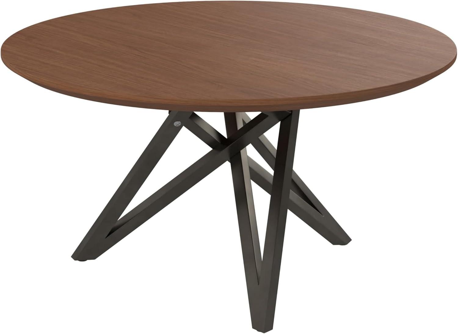 Benjara Kimya 47 Inch Dining Table, Round Wood Top, Angled Steel Legs, Brown, Black