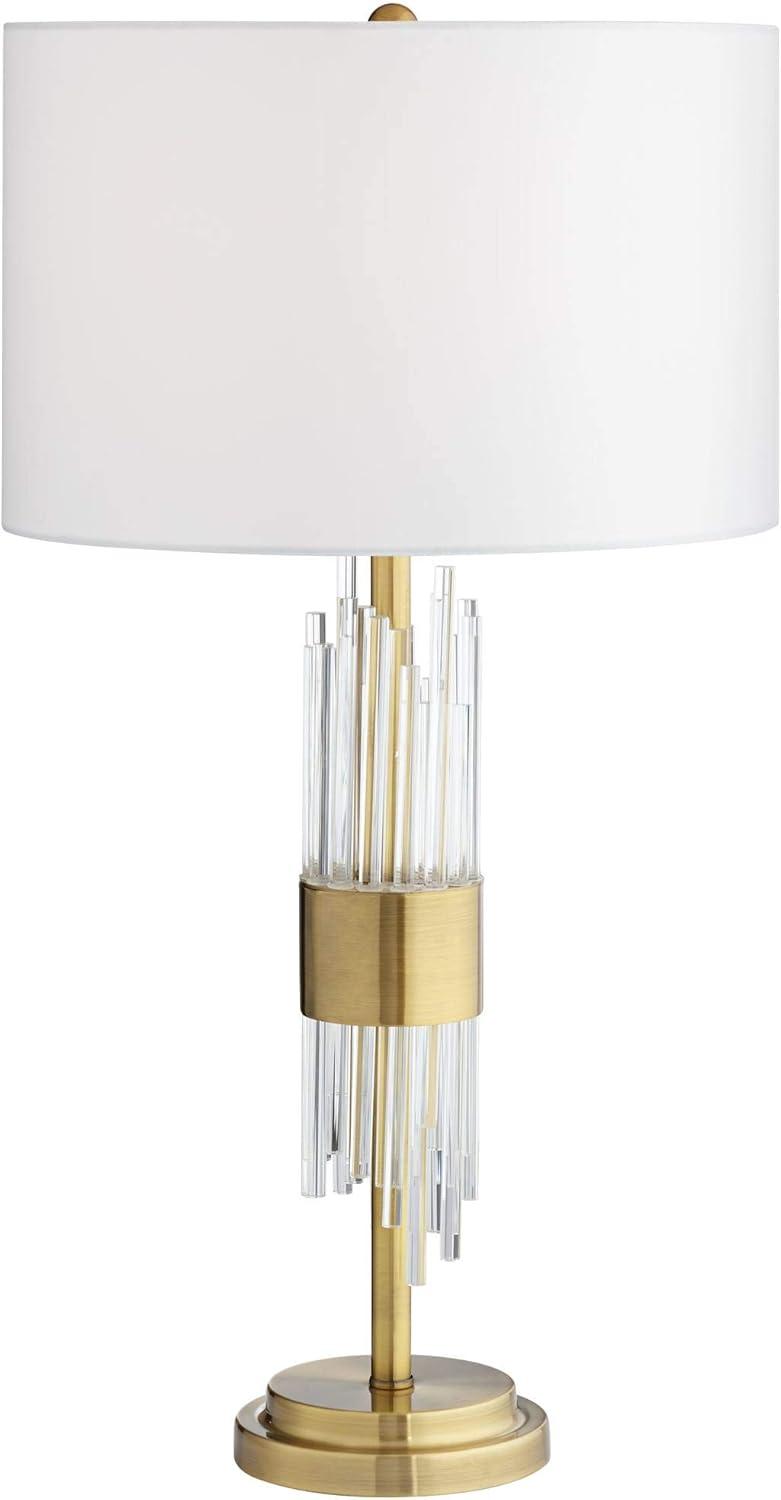 Aloise Mid Century Modern Glam Luxury Table Lamp 27.5" Tall Brass Metal Clear Glass Tube White Drum Shade Decor for Living Room Bedroom House Bedside Nightstand Home Office