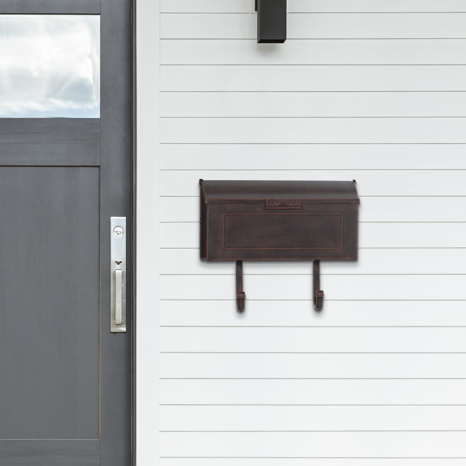Cast Aluminum Metal Mailbox with Newspaper Hooks, Easy to Install Wall Mount, Heavy Duty, Rustproof Powder Coated Paint, Horizontal Mail Box for Outside House Porch - 16” x 4.25” x 8.25” (Black)