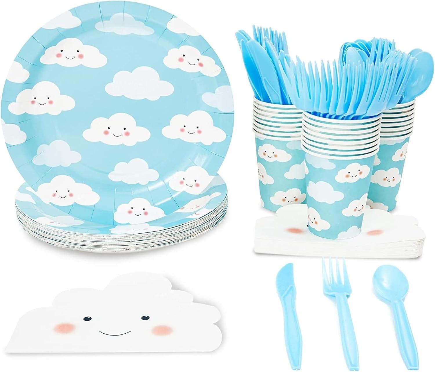 Juvale 144-Piece Serves 24 Cloud Themed Party Supplies - Disposable Plates, Napkins, Cups & Cutlery