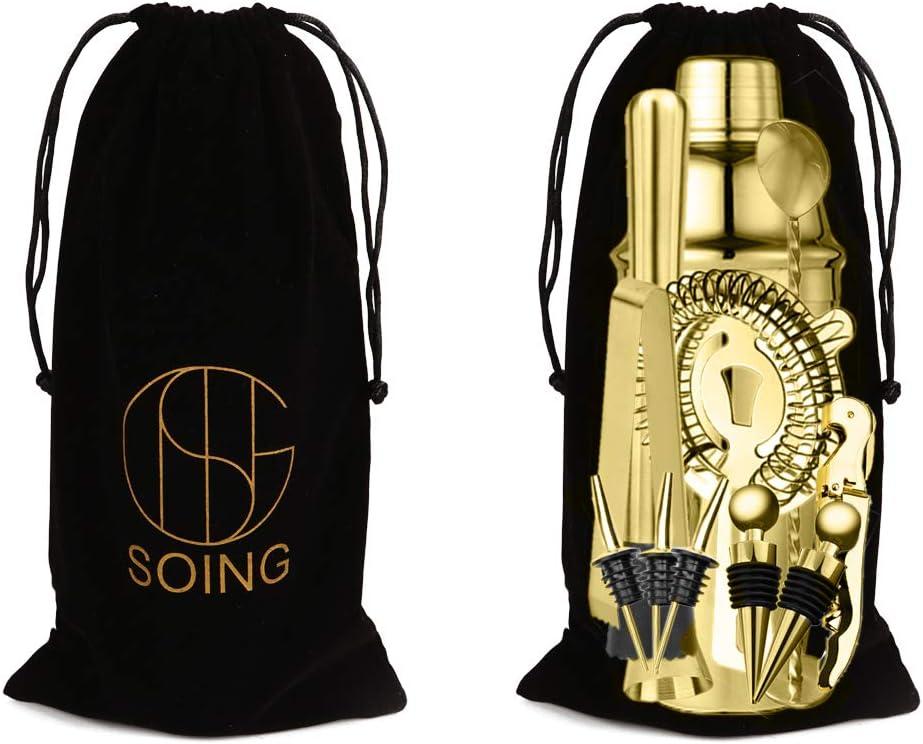 Soing Gold 24-Piece Cocktail Shaker Set,Perfect Home Bartending Kit for Drink Mixing,Stainless Steel Bar Tools with Stand,Velvet Carry Bag & Recipes Included