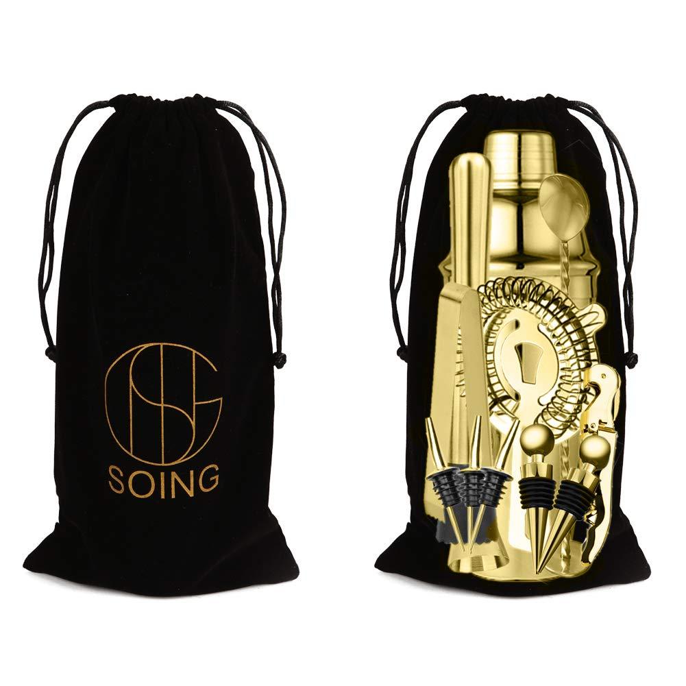 Soing Gold 24-Piece Cocktail Shaker Set,Perfect Home Bartending Kit for Drink Mixing,Stainless Steel Bar Tools with Stand,Velvet Carry Bag & Recipes Included