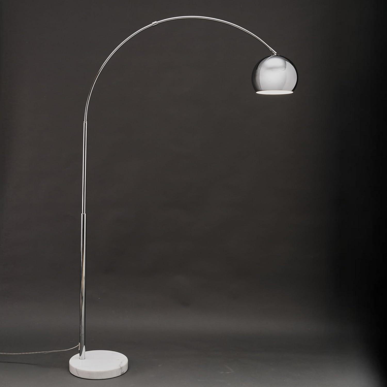 Brightech Olivia 75" Modern Industrial LED Arc Floor Lamp with Silver Chrome Finish, White Marble Base, and Metal Bowl Shade, Bulb Included