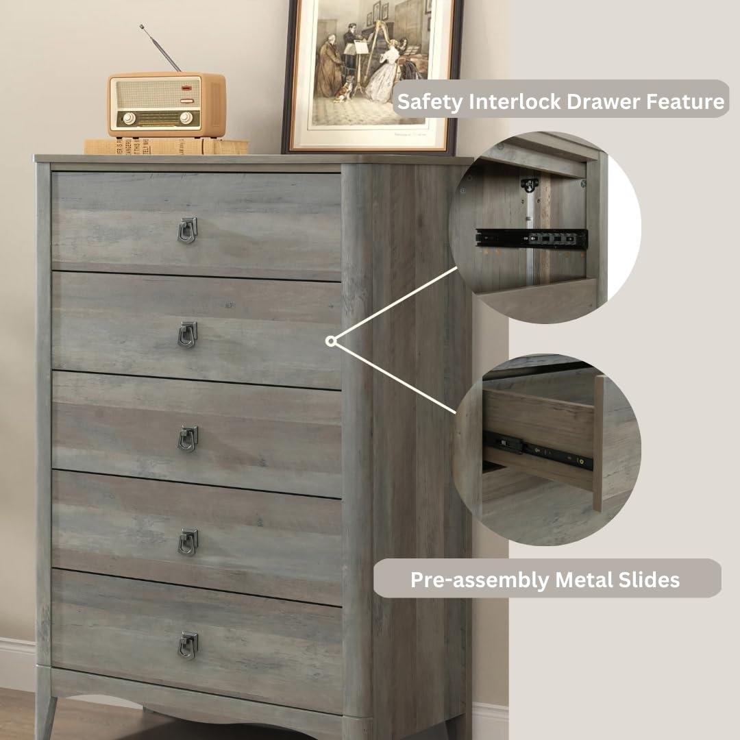 Breakwater Bay Celine 5 Drawers Dresser with Pre-Assembled Interlock and Slide, 47" Tall Modern Chest of Drawers, Wood Drawer Organizer for Bedroom, Living Room, Hallway, Entryway, Drift Wood Gray & Reviews | Wayfair