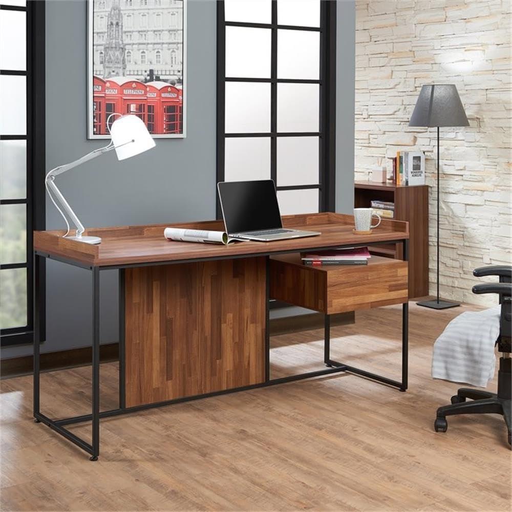 Walnut and Black Wood Desk with Drawer and Metal Frame