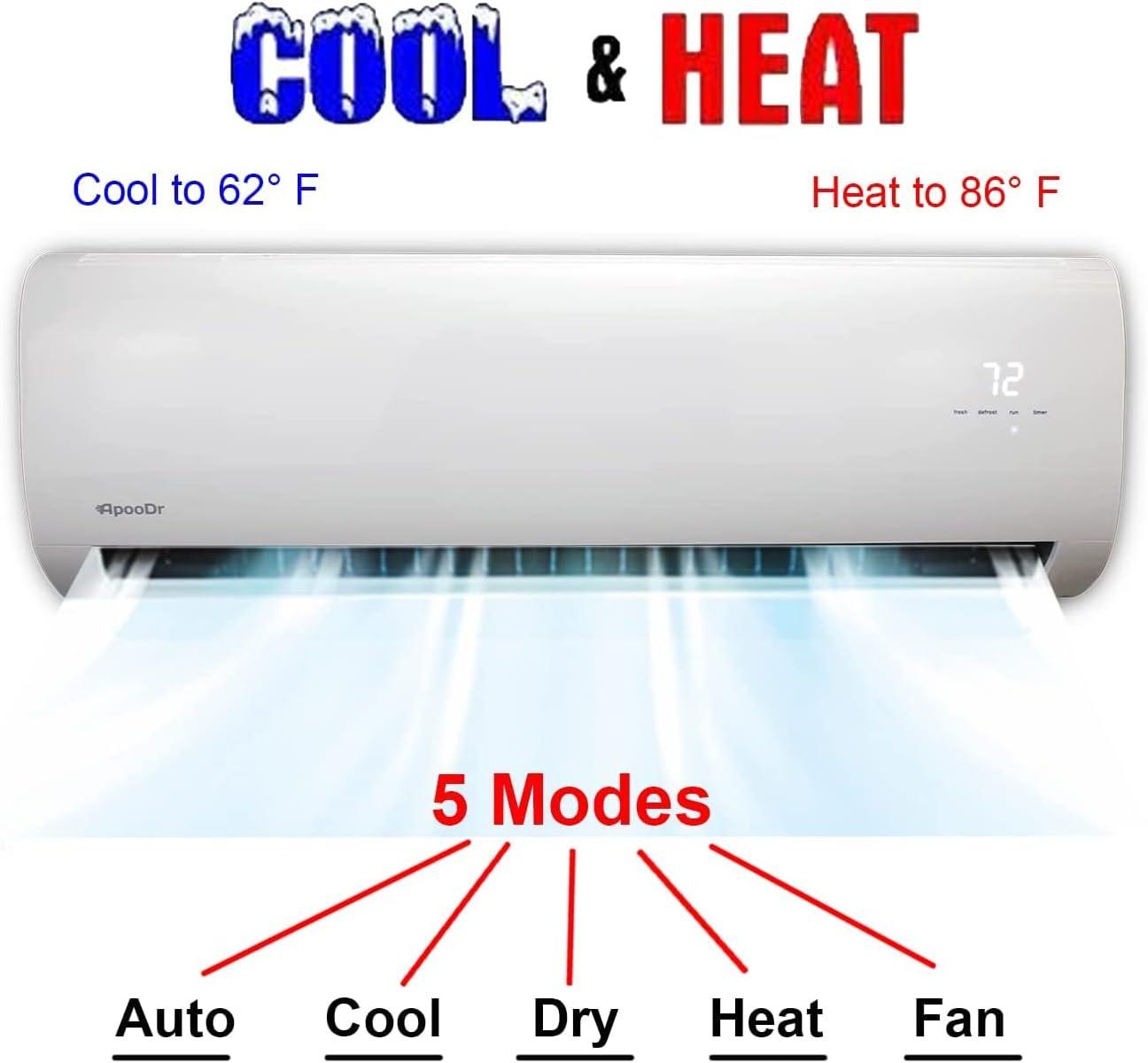 ApooDr 12,000 BTU 17.6 SEER2, 230-Volt, Ductless Mini Split AC with Heat Pump, Wi-Fi, 16Ft. Lineset