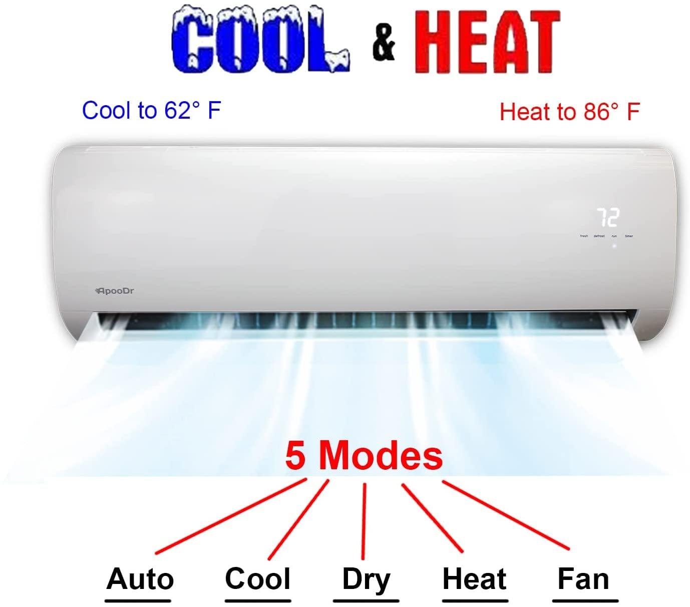 ApooDr ApooDr 12,000 BTU 17.6 SEER2, 230-Volt, Ductless Mini Split AC with Heat Pump, Wi-Fi, 16Ft. Lineset