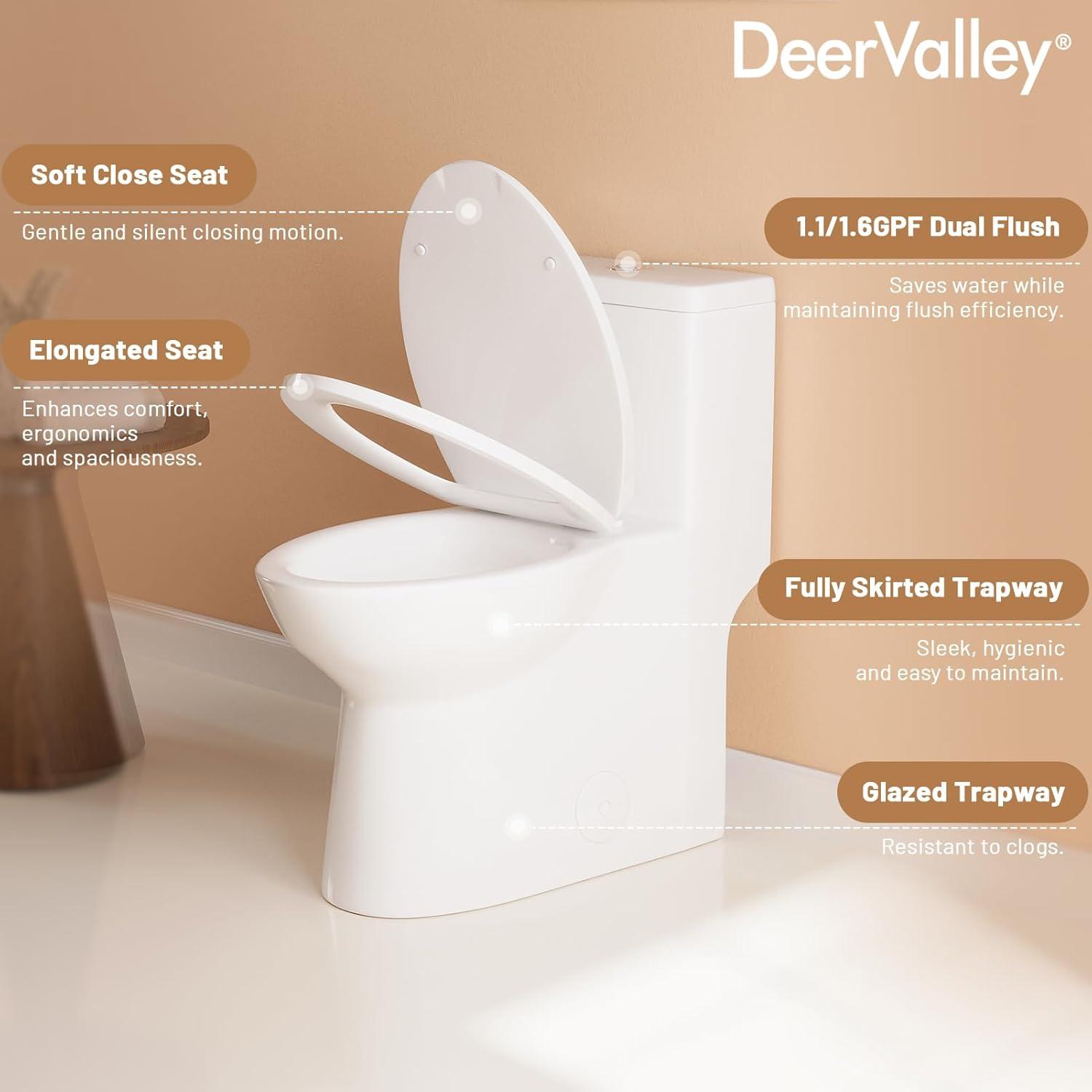 DeerValley Symmetry Dual Flush Elongated One-Piece Toilet Standard Toilet with Comfort Seat Height