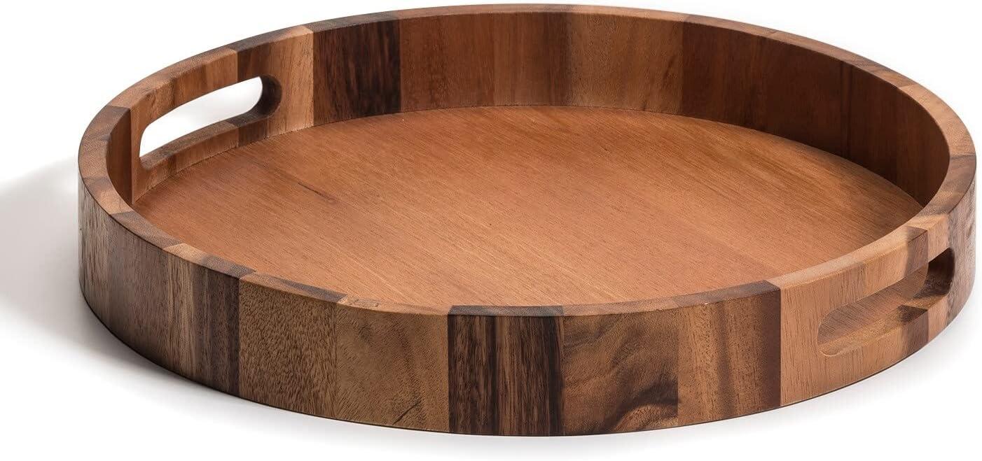 Acacia Wood 15 Inch Round Serving Tray with Handles