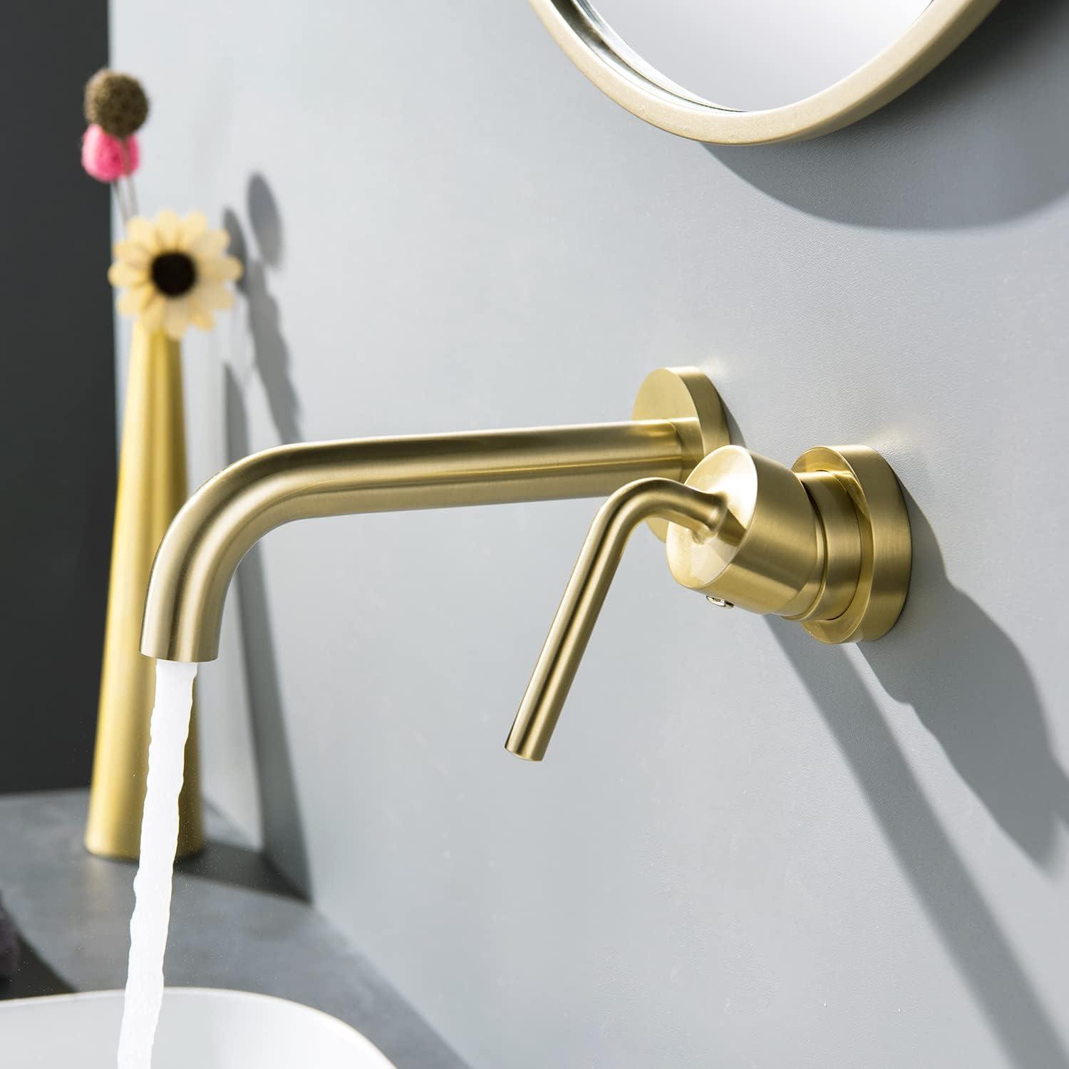 Brushed Gold Wall Mount Brass Bathroom Faucet with Single Handle