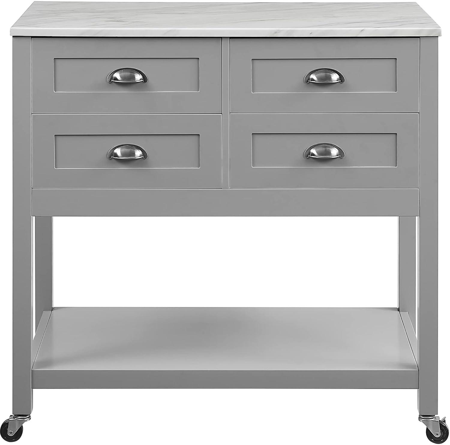 Connell Kitchen Island Cart Gray/White Marble - Crosley: Mobile Storage, 4 Drawers, Open Shelf, Locking Wheels