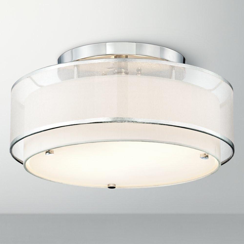 Possini Euro Design Modern Ceiling Lighting Semi Flush Mount Fixture 16" Wide Chrome 2-Light Sheer Outer Off White Inner Drum Shade for Bedroom House