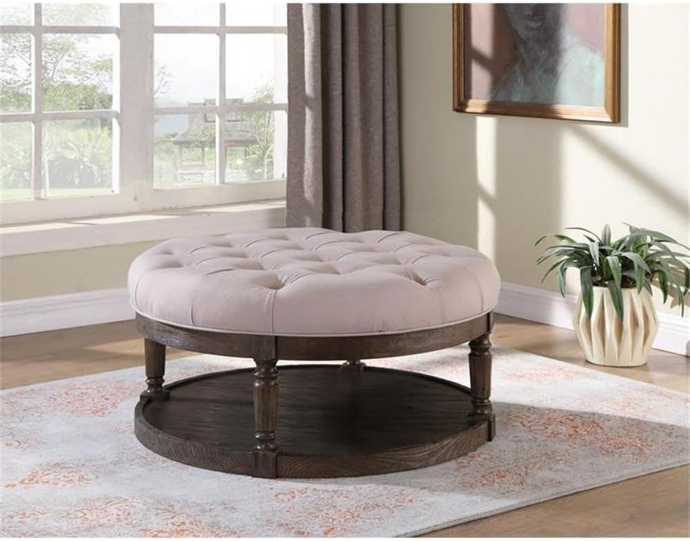 Best Master Tufted Fabric Upholstered Round Ottoman in Rustic Gray/Beige