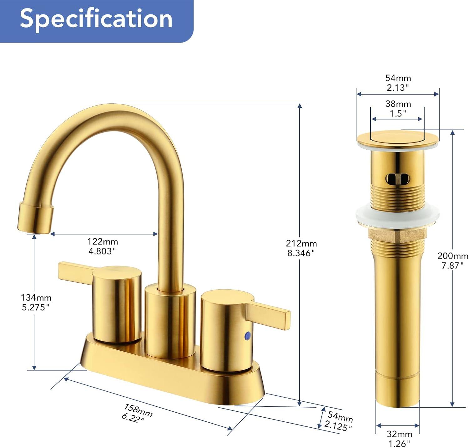 Brushed Gold 4-Inch Centerset Bathroom Faucet with Swivel Spout