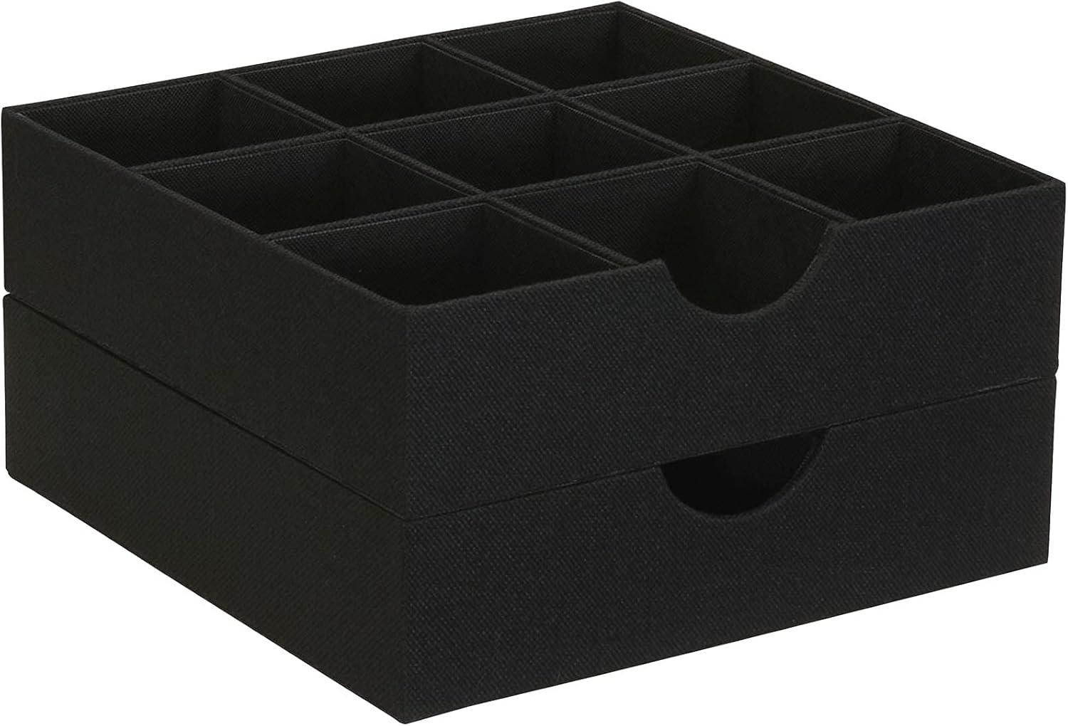 Household Essentials 9-Compartment Drawer Organizers, Pack of 2, Sturdy Chipboard With Soft Polyester Cover, Convenient and Stylish Storage Solution, 3” H x 12” W x 12” D, Black Linen