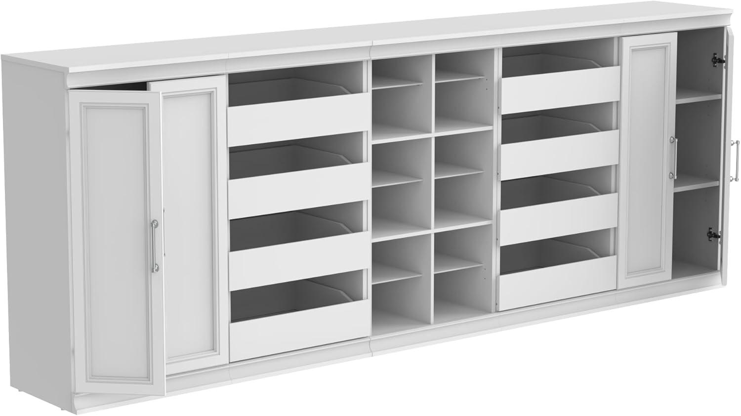 White Modular Storage System with Drawers and Shelves, 107" Wide