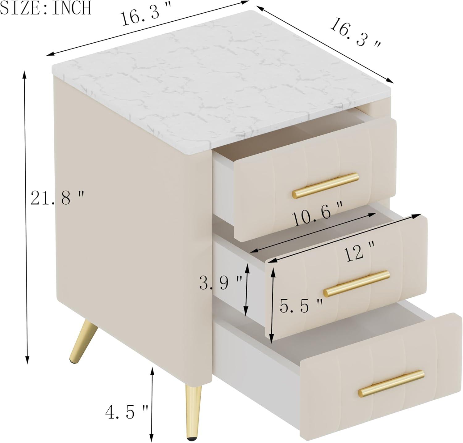 Churanty Upholstered Wooden Nightstand with 3 Drawers and Metal Legs & Handles,Bedside Table with Marbling Worktop,Beige