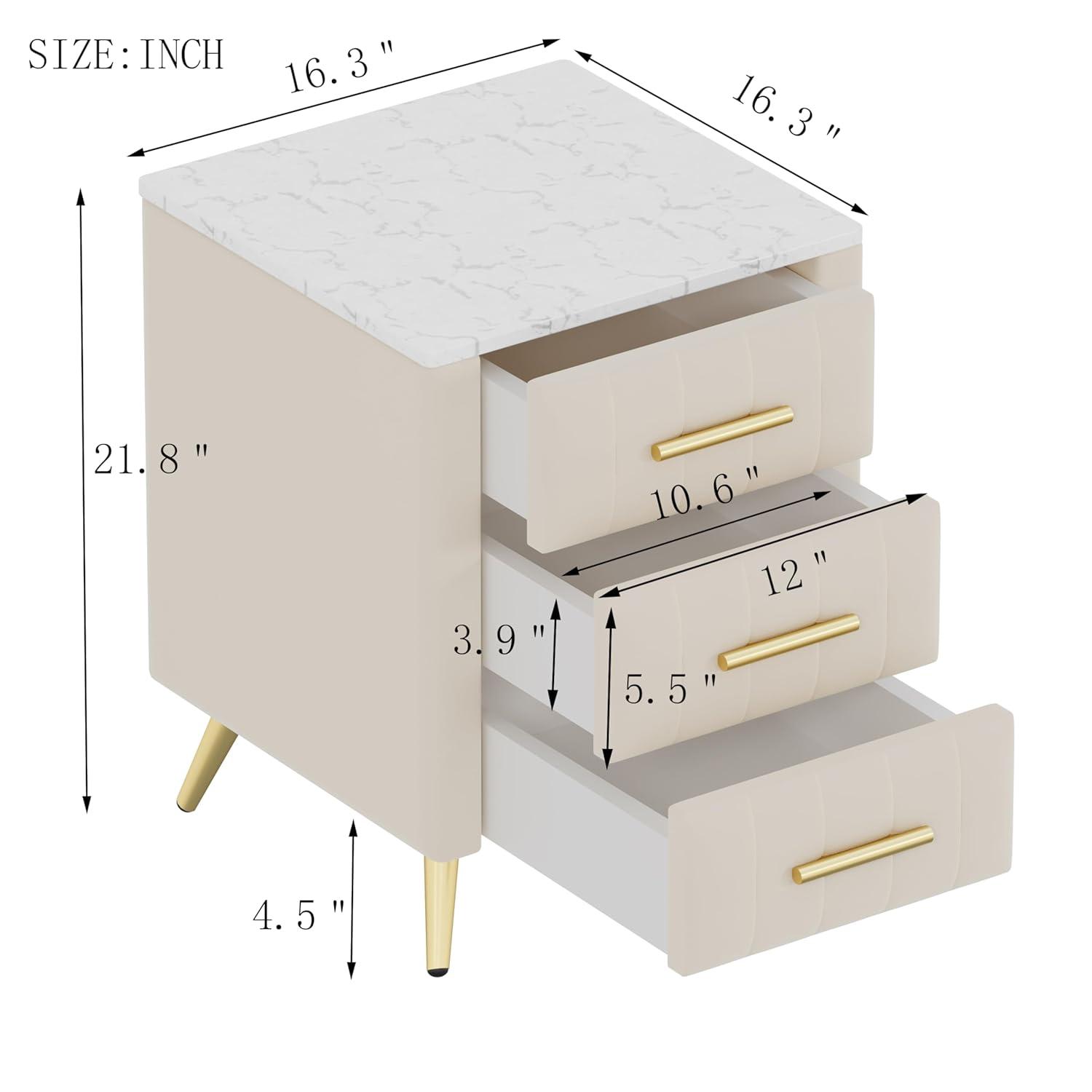 Harper & Bright Designs Upholstered Wooden Nightstand with 3 Drawers and Metal Legs & Handles, Bedside Table with Marbling Worktop, Beige