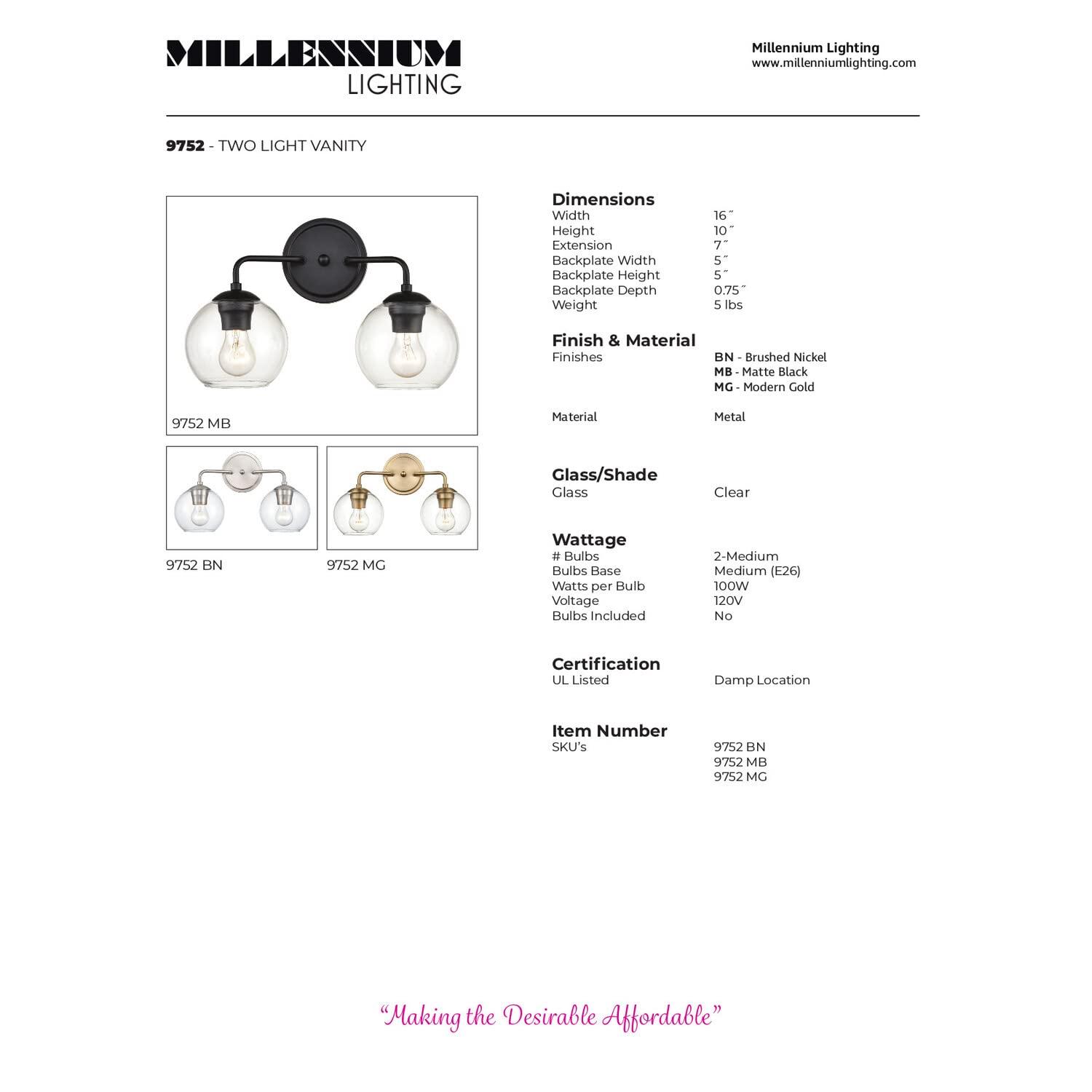 Millennium Lighting 2 - Light Vanity in  Brushed Nickel
