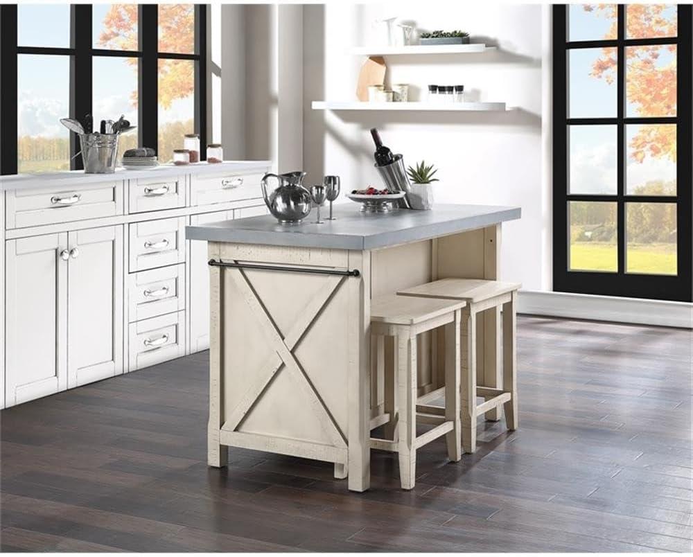 OSP Furniture Nashville Kitchen Island with Cement like Grey Top and 2 Stools