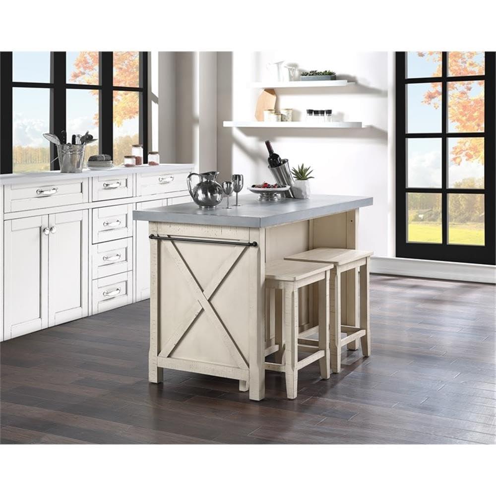 OSP Furniture Nashville Kitchen Island with Cement like Grey Top and 2 Stools