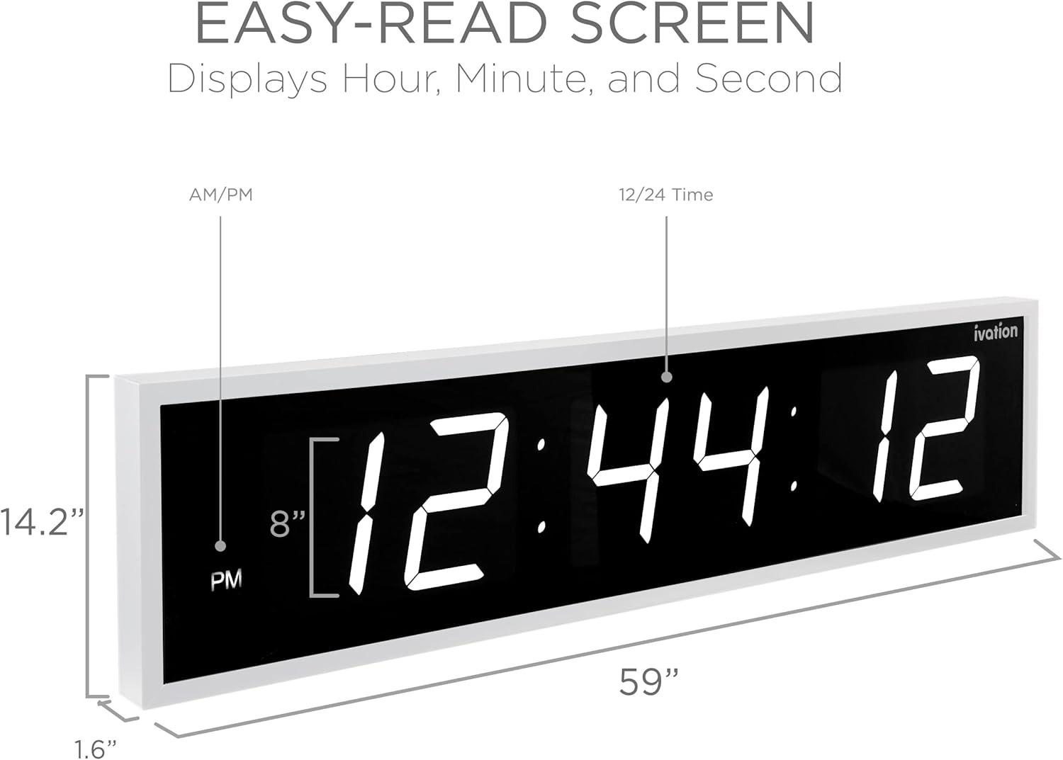 Ivation Large Digital Clock, 60" Led Wall Clock with Stopwatch, Alarms, Timer, Temp & Remote, White