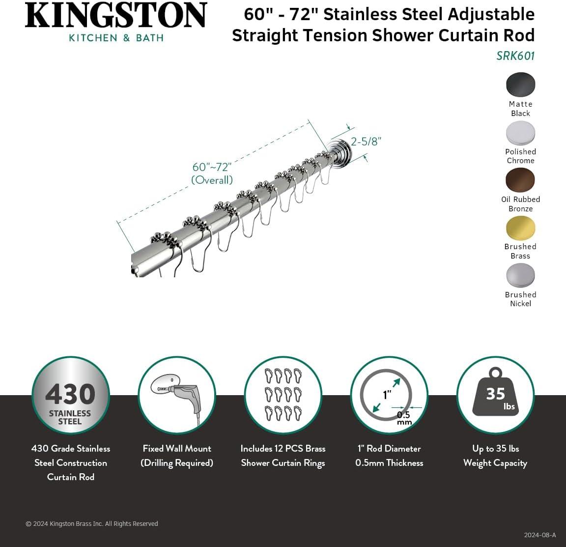 Kingston Brass Edenscape 60-Inch to 72-Inch Adjustable Shower Curtain Rod with Rings Combo