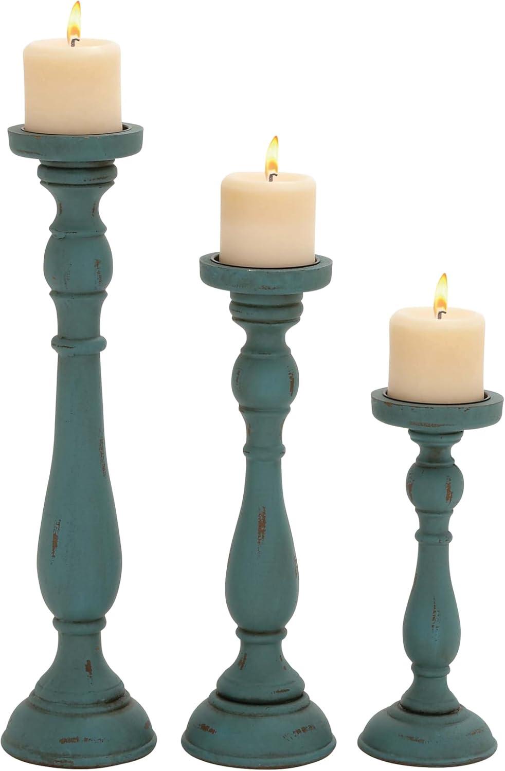 Olivia & May Traditional Wood Candle Holder Set 3ct - Pillar Stand, Felt Base, Indoor Use