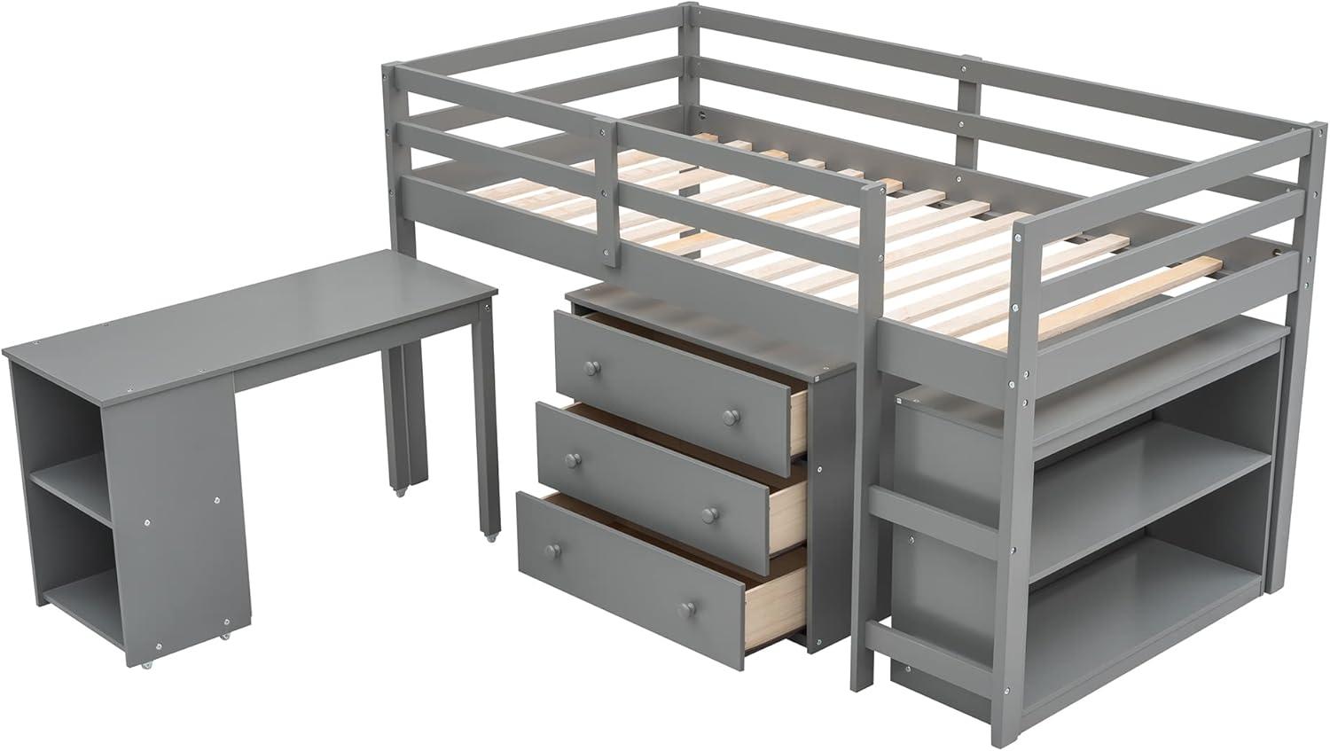 Harper & Bright Designs Twin Loft Bed with Cabinet and Rolling Portable Desk, Wooden Low Study Loft Bed with Drawers, Gray