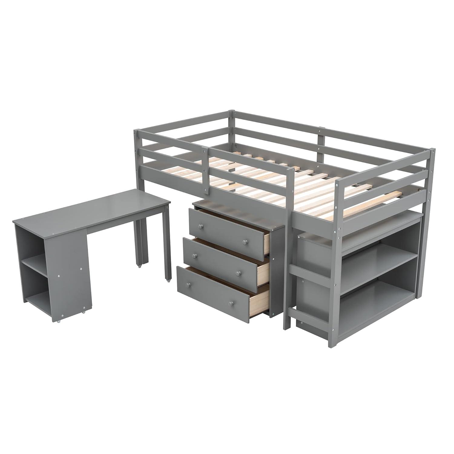 Harper & Bright Designs Twin Loft Bed with Cabinet and Rolling Portable Desk, Wooden Low Study Loft Bed with Drawers, Gray